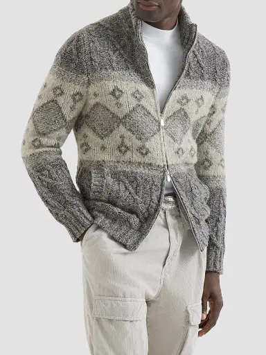 Brunello Cucinelli Men's Virgin Wool, Silk and Cashmere Chiné Cable Knit Cardigan - Cerulean | Thumbnail 3
