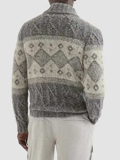 Brunello Cucinelli Men's Virgin Wool, Silk and Cashmere Chiné Cable Knit Cardigan - Cerulean | Thumbnail 4