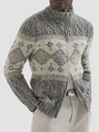 Brunello Cucinelli Men's Virgin Wool, Silk and Cashmere Chiné Cable Knit Cardigan - Cerulean | Thumbnail 5