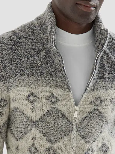 Brunello Cucinelli Men's Virgin Wool, Silk and Cashmere Chiné Cable Knit Cardigan - Cerulean | Thumbnail 6
