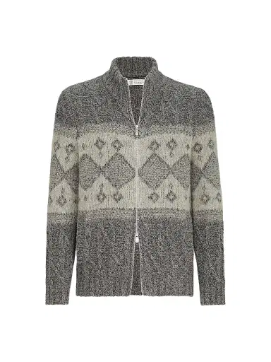 Brunello Cucinelli Men's Virgin Wool, Silk and Cashmere Chiné Cable Knit Cardigan - Cerulean | Thumbnail 1