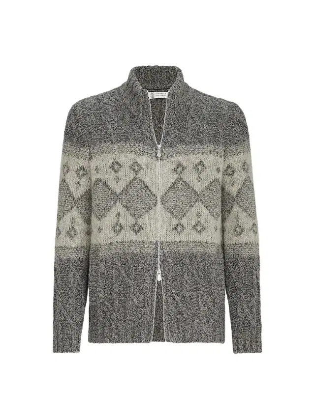 Brunello Cucinelli Men's Virgin Wool, Silk and Cashmere Chiné Cable Knit Cardigan - Cerulean