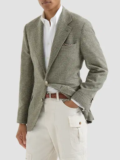 Brunello Cucinelli Men's Comfort Wool and Cashmere Prince of Wales Flannel Deconstructed Blazer - Military | Thumbnail 2