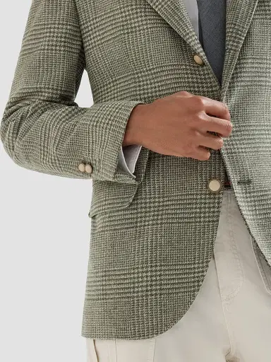 Brunello Cucinelli Men's Comfort Wool and Cashmere Prince of Wales Flannel Deconstructed Blazer - Military | Thumbnail 4