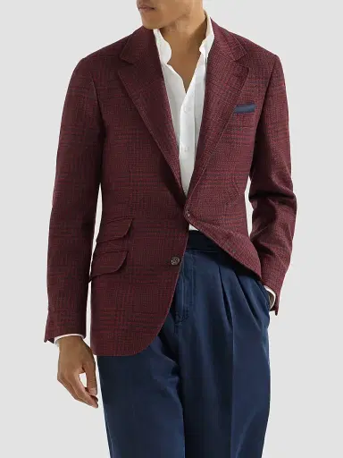 Brunello Cucinelli Men's Cashmere Prince of Wales Deconstructed Cavallo Blazer - Burgundy | Thumbnail 2