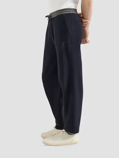 Brunello Cucinelli Men's Cotton French Terry Trousers with Embroidery - Cobalt | Thumbnail 4