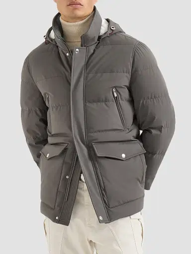 Brunello Cucinelli Men's Stretch Bonded Nylon Down Parka with Detachable Hood - Lead | Thumbnail 2