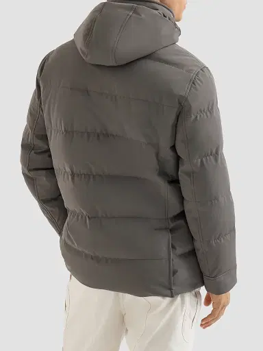 Brunello Cucinelli Men's Stretch Bonded Nylon Down Parka with Detachable Hood - Lead | Thumbnail 3