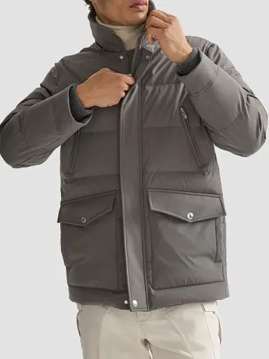 Brunello Cucinelli Men's Stretch Bonded Nylon Down Parka with Detachable Hood - Lead | Thumbnail 5