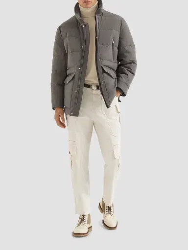 Brunello Cucinelli Men's Stretch Bonded Nylon Down Parka with Detachable Hood - Lead | Thumbnail 6