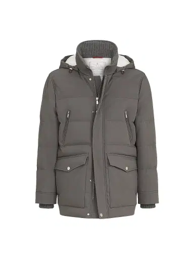Brunello Cucinelli Men's Stretch Bonded Nylon Down Parka with Detachable Hood - Lead | Thumbnail 1