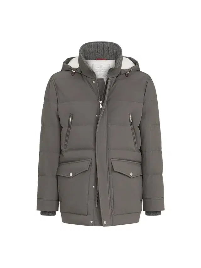 Brunello Cucinelli Men's Stretch Bonded Nylon Down Parka with Detachable Hood - Lead