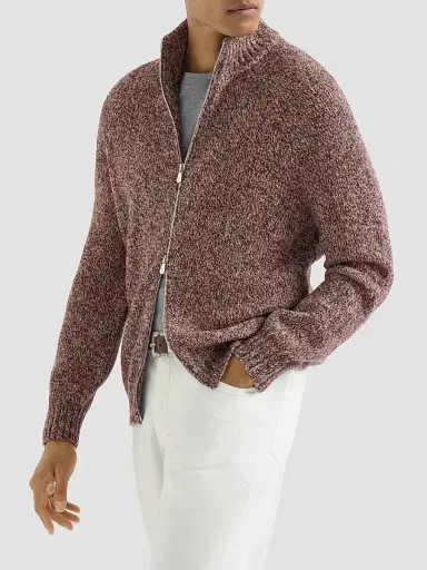 Brunello Cucinelli Men's Virgin Wool, Silk and Cashmere Chiné Cardigan - Burgundy | Thumbnail 2