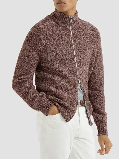 Brunello Cucinelli Men's Virgin Wool, Silk and Cashmere Chiné Cardigan - Burgundy | Thumbnail 5