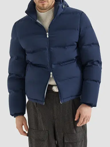 Brunello Cucinelli Men's Stretch Bonded Nylon Down Jacket with Heat-Bonded Seams - Blue | Thumbnail 2 Brunello Cucinelli Men's Stretch Bonded Nylon Down Jacket with Heat-Bonded Seams - Blue | Thumbnail 2