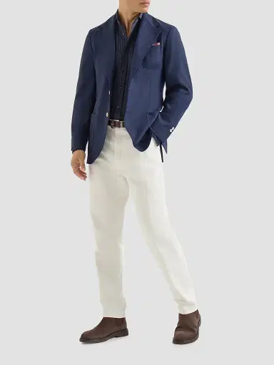 Brunello Cucinelli Men's Virgin Wool, Silk and Cotton Chalk Stripe Piqué Shirt - Marine | Thumbnail 2