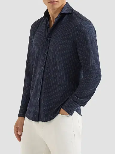 Brunello Cucinelli Men's Virgin Wool, Silk and Cotton Chalk Stripe Piqué Shirt - Marine | Thumbnail 3