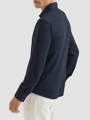 Brunello Cucinelli Men's Virgin Wool, Silk and Cotton Chalk Stripe Piqué Shirt - Marine | Thumbnail 4