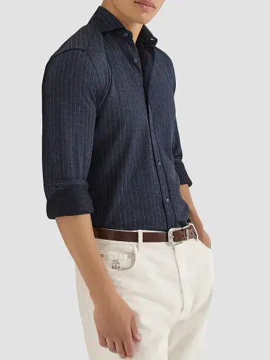 Brunello Cucinelli Men's Virgin Wool, Silk and Cotton Chalk Stripe Piqué Shirt - Marine | Thumbnail 5