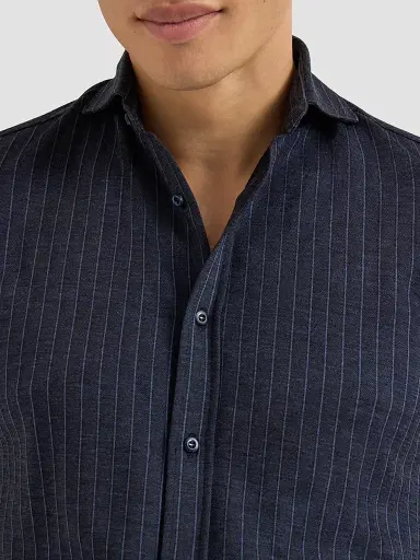 Brunello Cucinelli Men's Virgin Wool, Silk and Cotton Chalk Stripe Piqué Shirt - Marine | Thumbnail 6