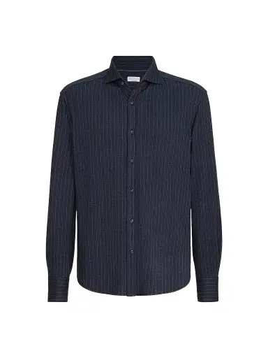 Brunello Cucinelli Men's Virgin Wool, Silk and Cotton Chalk Stripe Piqué Shirt - Marine | Thumbnail 1