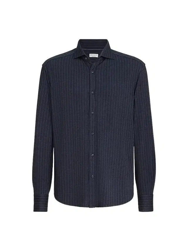 Brunello Cucinelli Men's Virgin Wool, Silk and Cotton Chalk Stripe Piqué Shirt - Marine