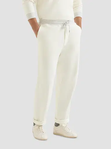 Brunello Cucinelli Men's Cotton French Terry Trousers with Embroidery - Off White | Thumbnail 3
