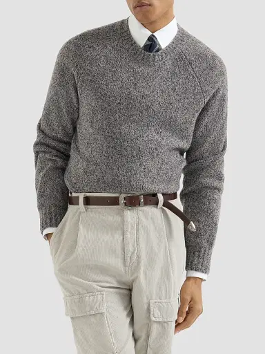 Brunello Cucinelli Men's Virgin Wool, Silk and Cashmere Chiné Sweater - Cerulean | Thumbnail 5