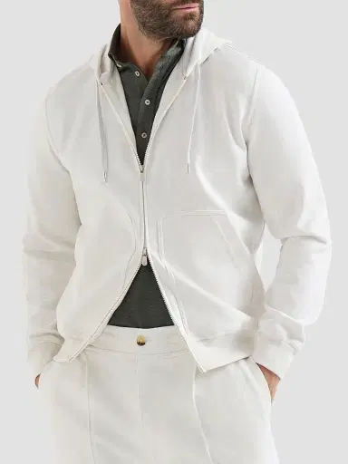 Brunello Cucinelli Men's Techno Cotton French Terry Double Cloth Hooded Sweatshirt - White | Thumbnail 2 Brunello Cucinelli Men's Techno Cotton French Terry Double Cloth Hooded Sweatshirt - White | Thumbnail 2