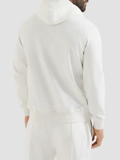 Brunello Cucinelli Men's Techno Cotton French Terry Double Cloth Hooded Sweatshirt - White | Thumbnail 3 Brunello Cucinelli Men's Techno Cotton French Terry Double Cloth Hooded Sweatshirt - White | Thumbnail 3