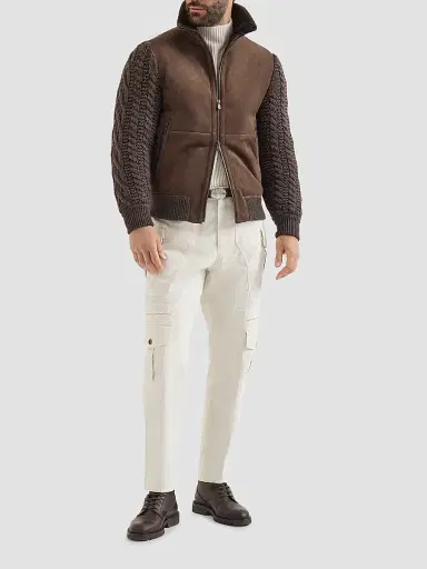 Brunello Cucinelli Men's Suede Shearling and Cashmere Knit Bomber Jacket | Thumbnail 2