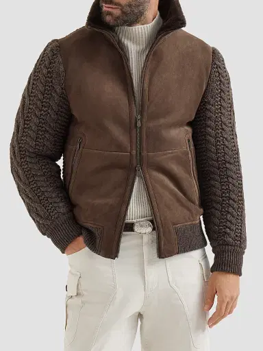 Brunello Cucinelli Men's Suede Shearling and Cashmere Knit Bomber Jacket - Brown | Thumbnail 3