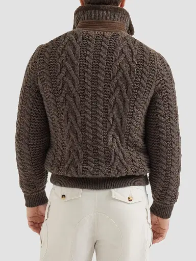 Brunello Cucinelli Men's Suede Shearling and Cashmere Knit Bomber Jacket - Brown | Thumbnail 4