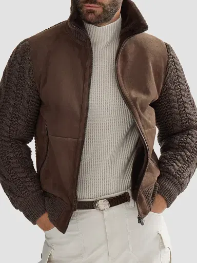 Brunello Cucinelli Men's Suede Shearling and Cashmere Knit Bomber Jacket - Brown | Thumbnail 5