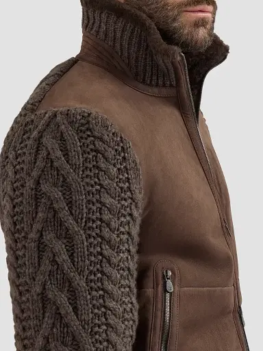 Brunello Cucinelli Men's Suede Shearling and Cashmere Knit Bomber Jacket - Brown | Thumbnail 6