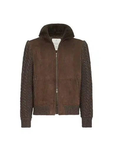 Brunello Cucinelli Men's Suede Shearling and Cashmere Knit Bomber Jacket - Brown | Thumbnail 1