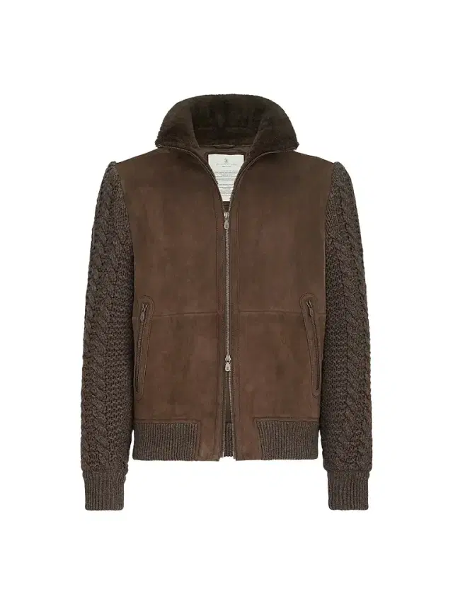 Brunello Cucinelli Men's Suede Shearling and Cashmere Knit Bomber Jacket - Brown