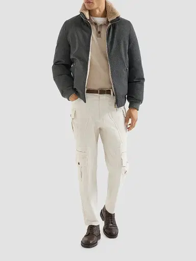 Brunello Cucinelli Men's Bonded Wool Flannel Down Jacket with Detachable Hood - Dark Grey | Thumbnail 2 Brunello Cucinelli Men's Bonded Wool Flannel Down Jacket with Detachable Hood - Dark Grey | Thumbnail 2