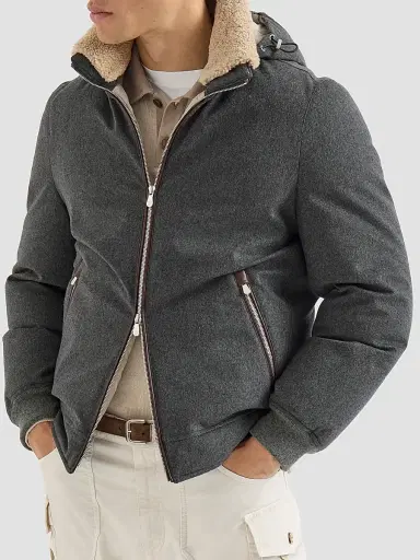 Brunello Cucinelli Men's Bonded Wool Flannel Down Jacket with Detachable Hood - Dark Grey | Thumbnail 3 Brunello Cucinelli Men's Bonded Wool Flannel Down Jacket with Detachable Hood - Dark Grey | Thumbnail 3