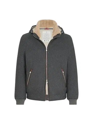 Brunello Cucinelli Men's Bonded Wool Flannel Down Jacket with Detachable Hood - Dark Grey | Thumbnail 1 Brunello Cucinelli Men's Bonded Wool Flannel Down Jacket with Detachable Hood - Dark Grey | Thumbnail 1