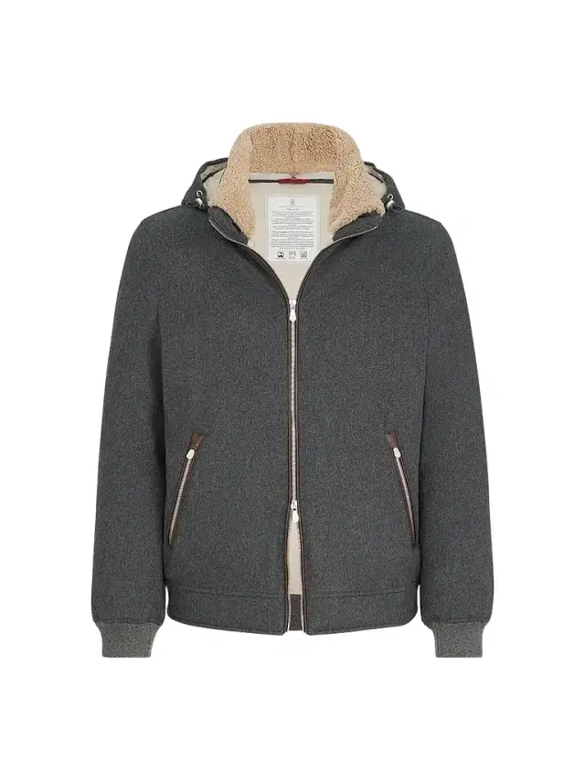 Brunello Cucinelli Men's Bonded Wool Flannel Down Jacket with Detachable Hood - Dark Grey