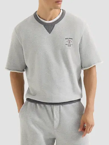 Brunello Cucinelli Men's Cotton French Terry Short Sleeve Sweatshirt - Grey | Thumbnail 2 Brunello Cucinelli Men's Cotton French Terry Short Sleeve Sweatshirt - Grey | Thumbnail 2