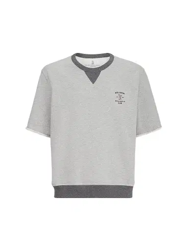Brunello Cucinelli Men's Cotton French Terry Short Sleeve Sweatshirt - Grey | Thumbnail 1 Brunello Cucinelli Men's Cotton French Terry Short Sleeve Sweatshirt - Grey | Thumbnail 1