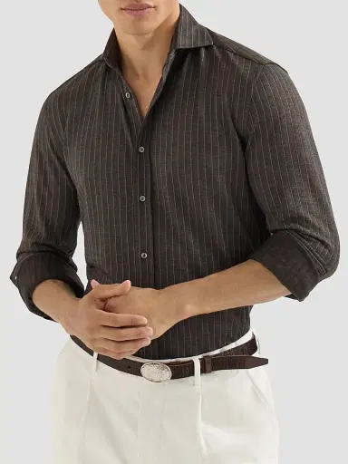 Brunello Cucinelli Men's Virgin Wool, Silk and Cotton Chalk Stripe Piqué Shirt - Brown | Thumbnail 4 Brunello Cucinelli Men's Virgin Wool, Silk and Cotton Chalk Stripe Piqué Shirt - Brown | Thumbnail 4