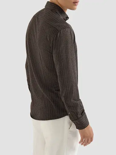 Brunello Cucinelli Men's Virgin Wool, Silk and Cotton Chalk Stripe Piqué Shirt - Brown | Thumbnail 5 Brunello Cucinelli Men's Virgin Wool, Silk and Cotton Chalk Stripe Piqué Shirt - Brown | Thumbnail 5