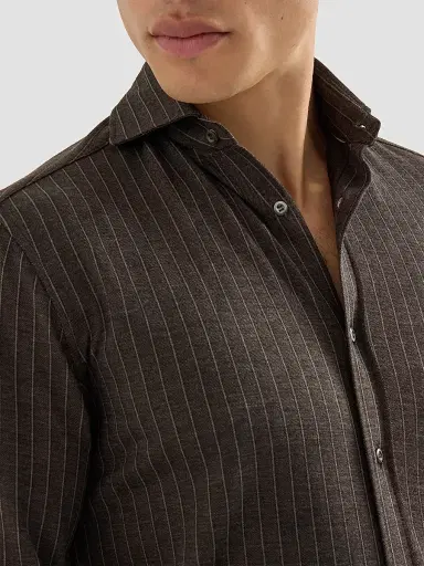Brunello Cucinelli Men's Virgin Wool, Silk and Cotton Chalk Stripe Piqué Shirt - Brown | Thumbnail 6 Brunello Cucinelli Men's Virgin Wool, Silk and Cotton Chalk Stripe Piqué Shirt - Brown | Thumbnail 6