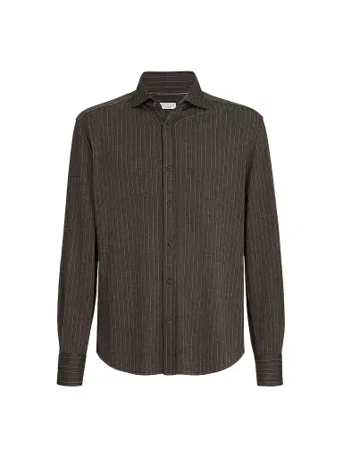 Brunello Cucinelli Men's Virgin Wool, Silk and Cotton Chalk Stripe Piqué Shirt - Brown | Thumbnail 1 Brunello Cucinelli Men's Virgin Wool, Silk and Cotton Chalk Stripe Piqué Shirt - Brown | Thumbnail 1