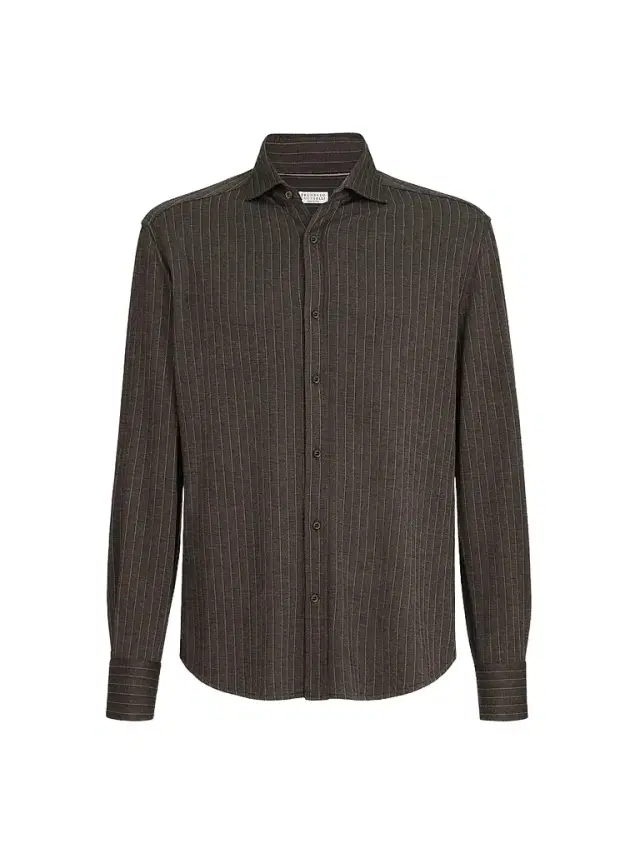 Brunello Cucinelli Men's Virgin Wool, Silk and Cotton Chalk Stripe Piqué Shirt - Brown