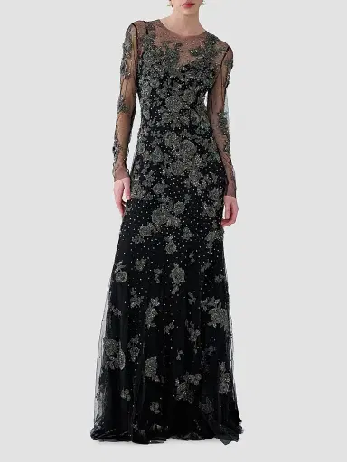 Carolina Herrera Women's Embellished Illusion Trumpet Gown - Black Multi - Size 10 | Thumbnail 2