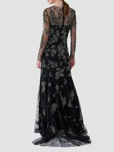 Carolina Herrera Women's Embellished Illusion Trumpet Gown - Black Multi - Size 10 | Thumbnail 3